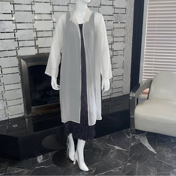 Eileen Fisher Bone Sheer  Open Front Silk Open  Long Jacket NWT - Picture 1 of 14
